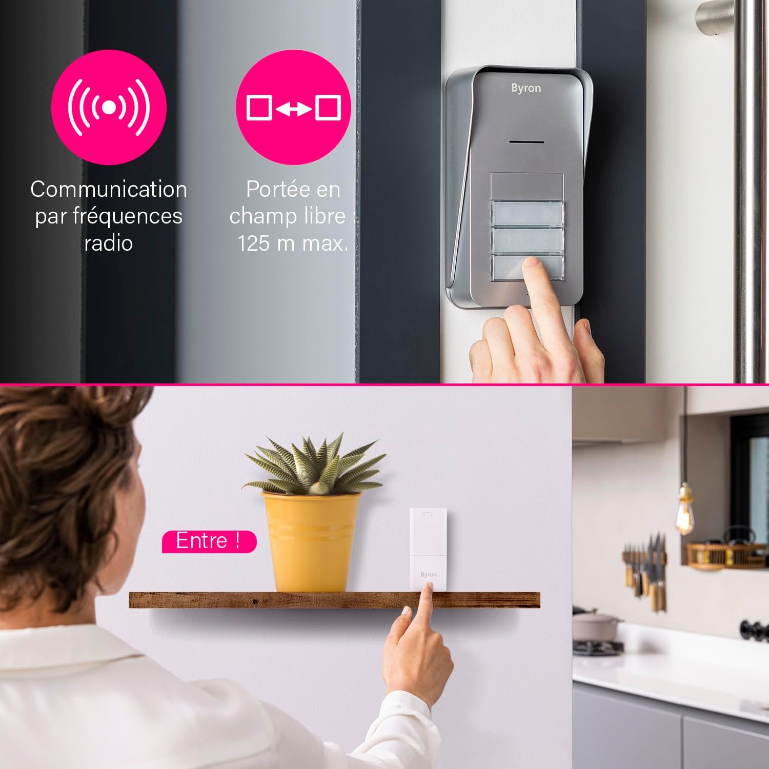 Top half shows the outdoor unit with icons for radio frequency communication and 125m open field range. Bottom half shows a person pressing an indoor unit on a shelf with a speech bubble saying 'Entre!' (Come in!).