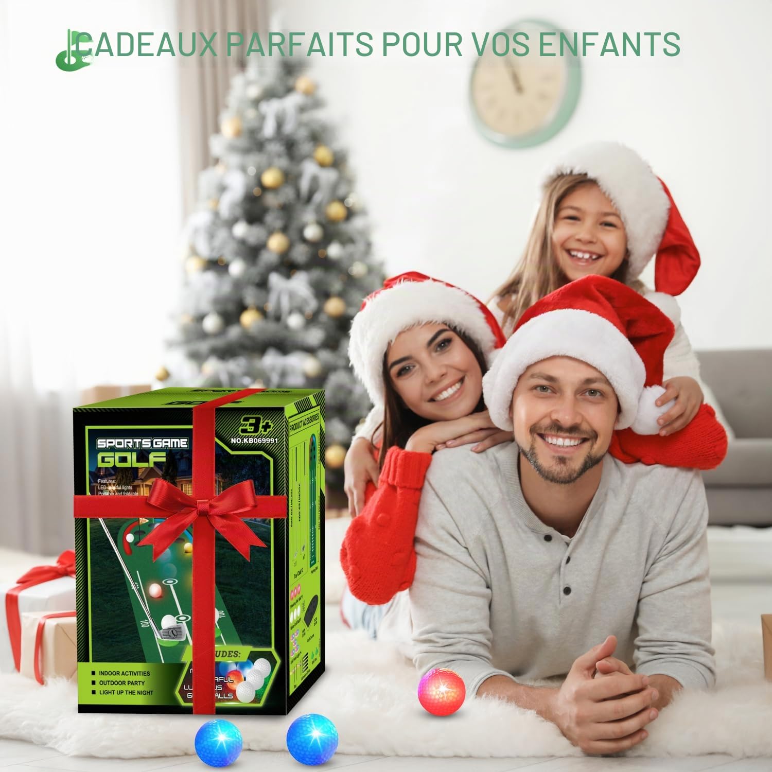 Jeu de Golf Vatos - Tapis de Putting d'intérieur pour Enfants avec balles et Trous LED, Clubs de Golf, Divertissement Familial pour la Maison et Le Bureau, Cadeau pour Enfants, Adolescents et Adultes