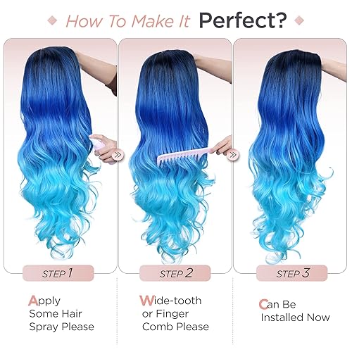 Miniatura 6 de WIGER Pelucas largas onduladas azules para mujer, color azul degradado, pelucas de cabello sintético largo y rizado para uso diario o cosplay