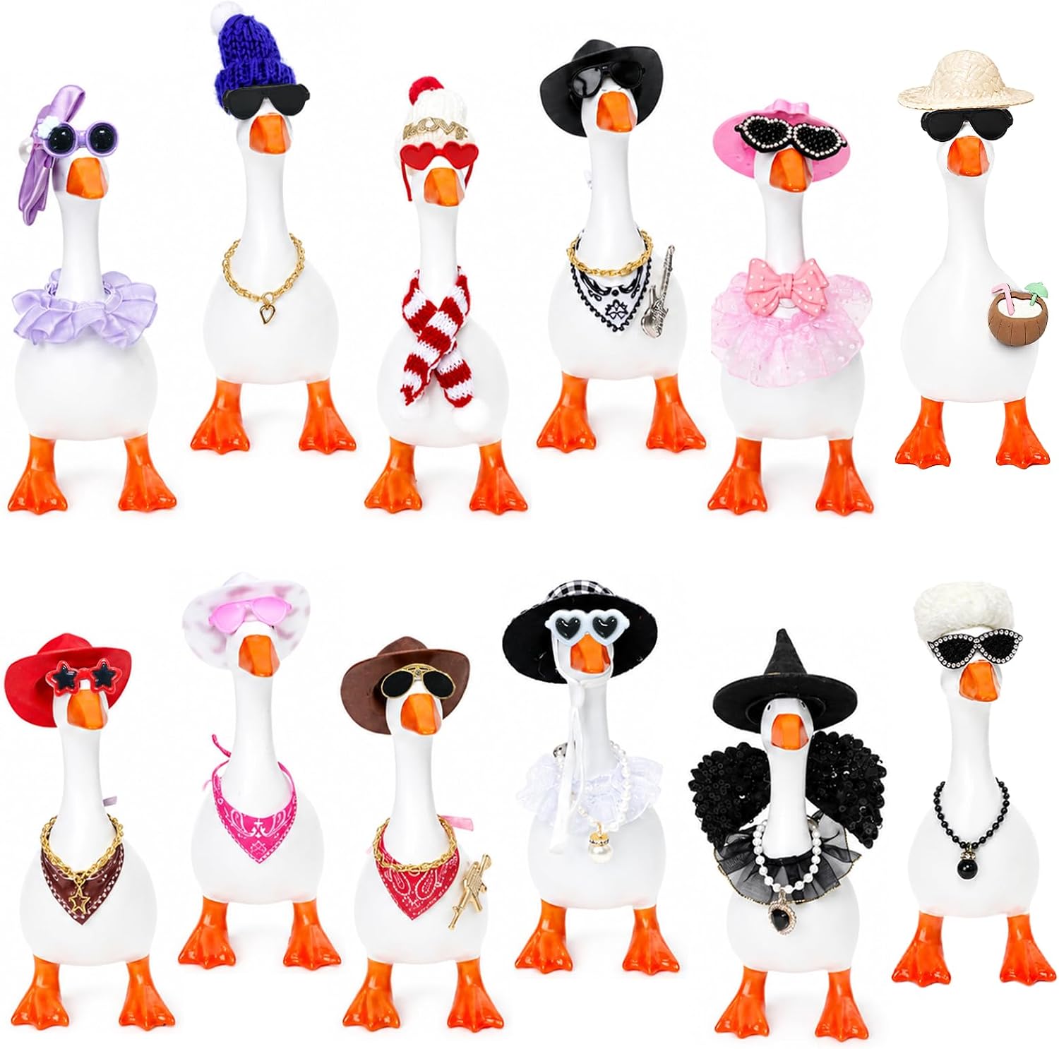 NUOLAN 12 Set 7inch Desk Goose Outfits, Festival Cool Mini Desktop Goose Clothes with Accessories for Magnetic Goose Statue Office and Home Table