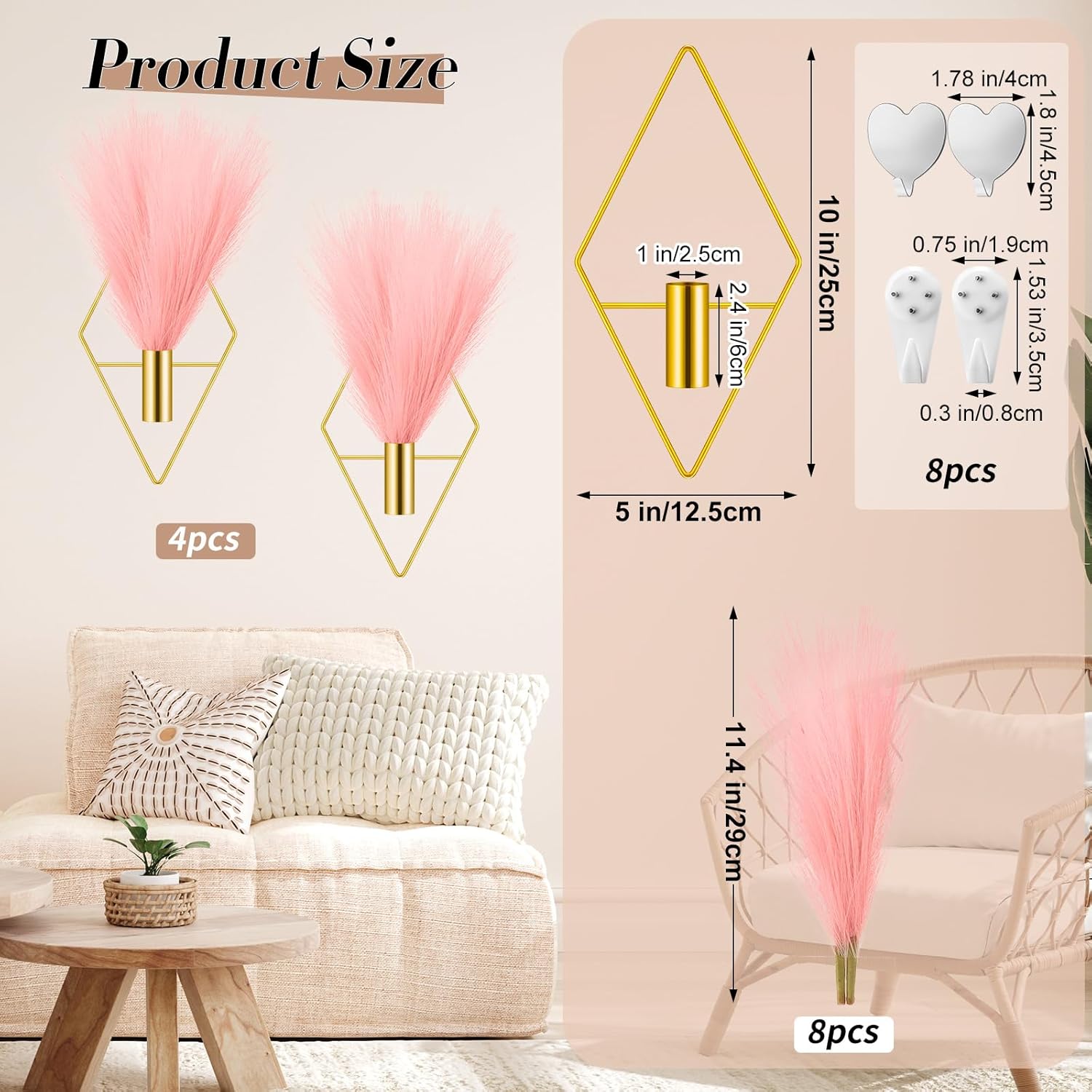 Hanaive 4 Sets Boho Gold Wall Decor Metal Wall Art Hanging Planters with Artificial Pampas Display Art Modern Home Metal Vase for Bedroom Living Room Home Office(Gold, Pink)