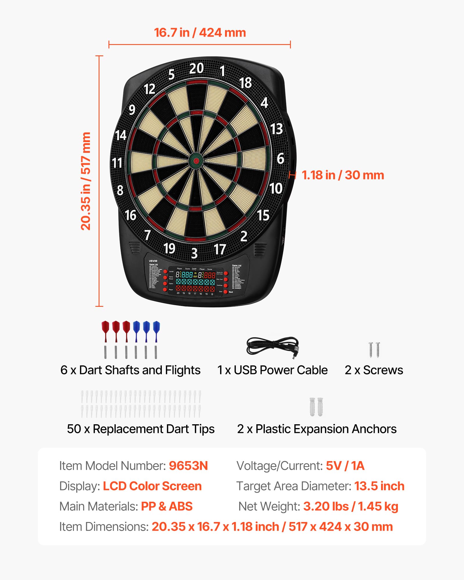 VEVOR Diana Electrónica 43 Juegos 200 Variantes 8 Jugadores 6 Ejes Dardos Marcador LCD PP ABS 517 x 424 x 30 mm