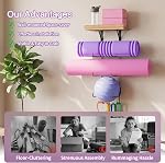 Bikoney Yoga Mat Holder Wall Mount Yoga Mat Storage Home Gym Accessories with Wood Floating Shelf and 4 Hooks for Hanging Foam Roller and Resistance Bands Fitness Home Gym