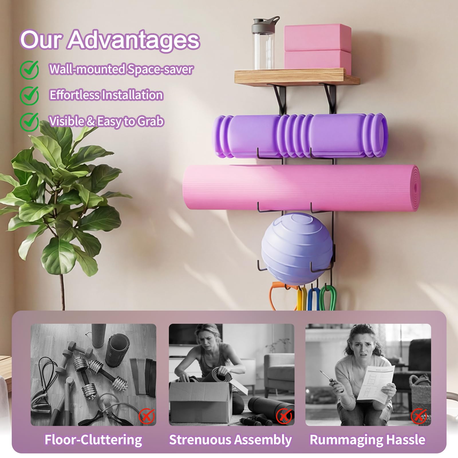 Soporte para esterilla de yoga, soporte de pared, accesorios de gimnasio en casa con estantes flotantes de madera y 4 ganchos para colgar rodillo de espuma y bandas de resistencia en clase de fitness