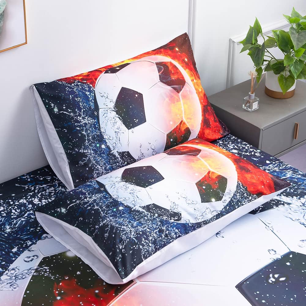Sports Soccer Balll Sheets Sets Queen Size - 3PC Ice Flame Galaxy Soccer Ball Boys Fitted Sheets（Fitted Sheet1 Pillowcases2）
