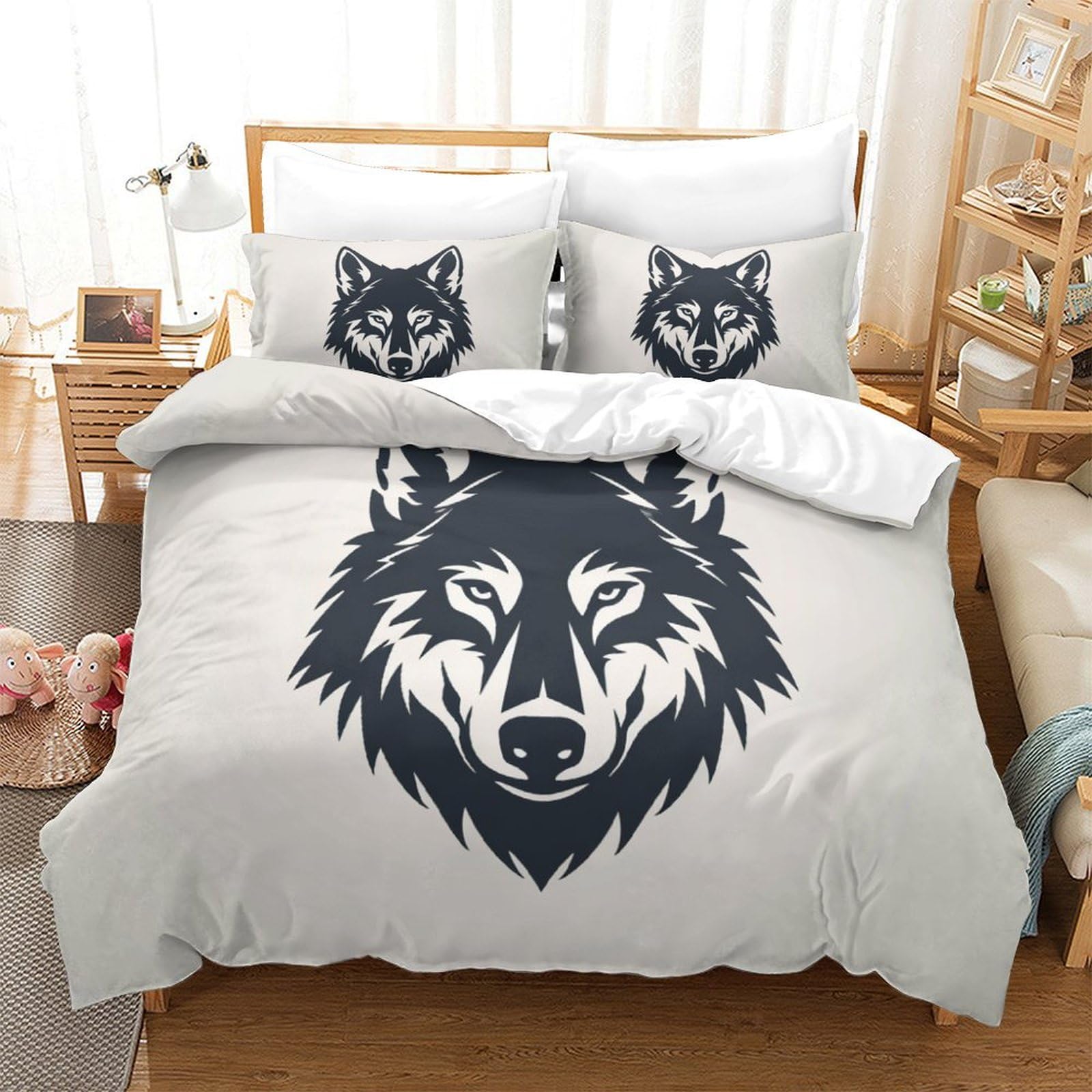 Housse de couette loup 3D Super King 260x220 cm en microfibre avec ses 2 taies d'oreiller