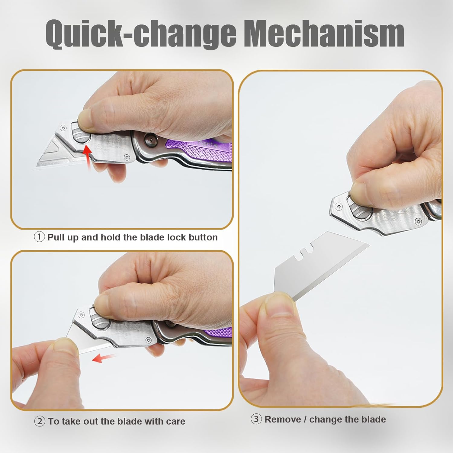 Box Cutter, Folding Utility Knife, Cutter Knives with Quick Change Blades, Back-lock Mechanism, Portable Belt Clip, Heavy Duty Razor Knife with 5-piece Extra Blades (Purple)