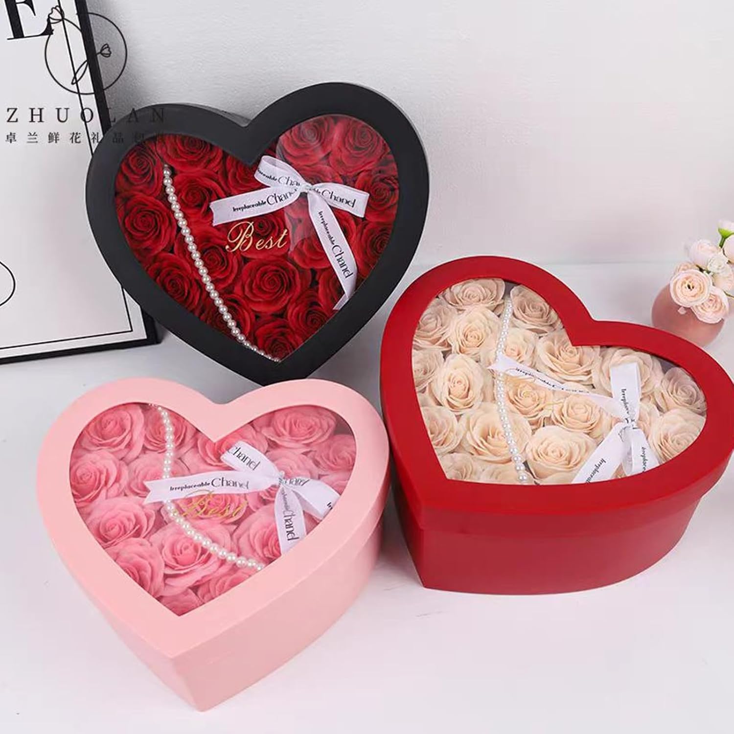 Preserved Rose Romantic Heart Box Forever Flower Grade A Preserved Rose Preserved Flower Beautiful Rose for Christmas Mother's Day and Valentine’s Day (Red Rose with Pearl String)