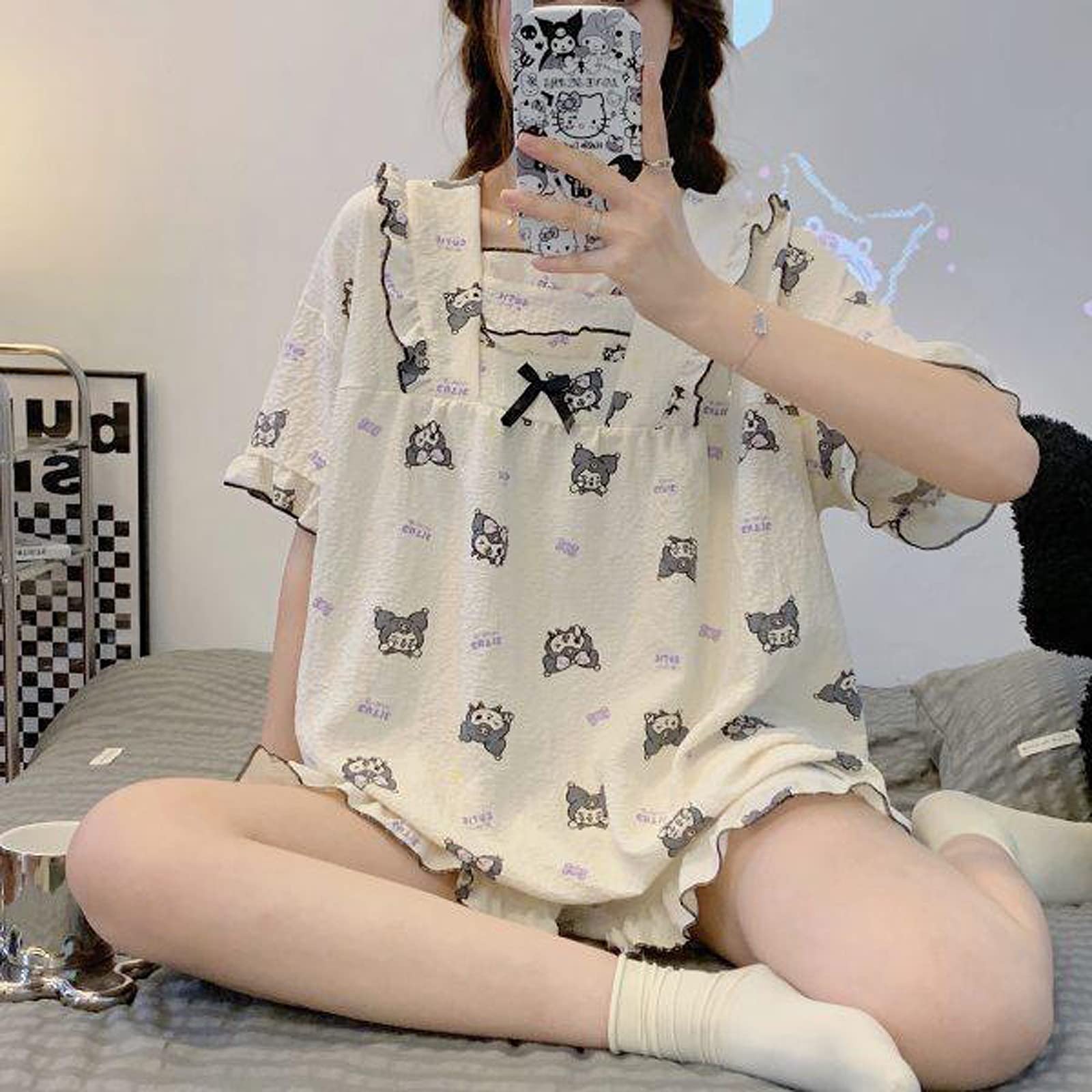 Oxsioeih Kawaii Pajamas For Women Two-Piece Set Cute Cartoon Girls Pajamas Pants Cardigan Sleepwear Home Clothes: Medium Krm Beige