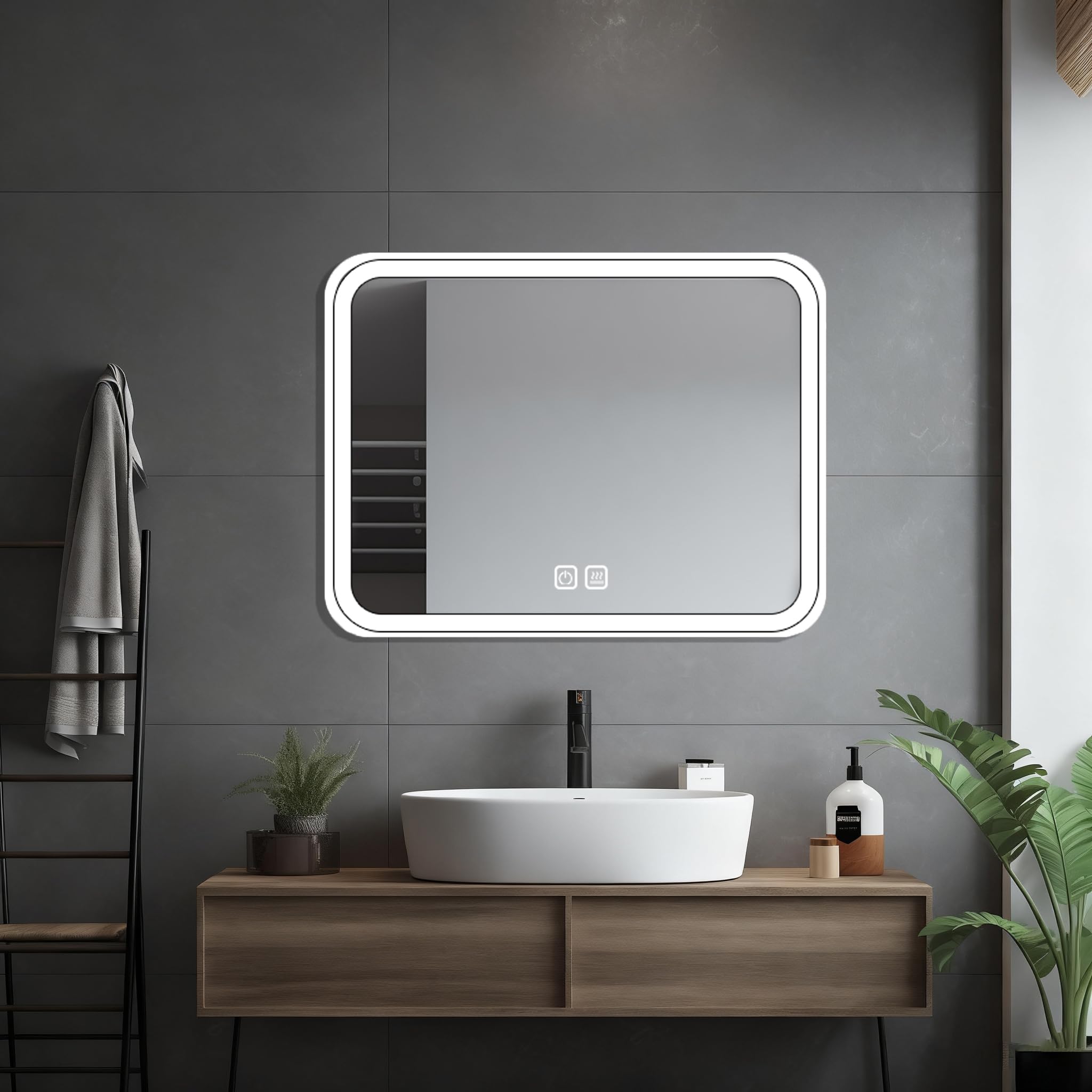 HIGHBATH 50 x 70 cm Large Rectangular Lighted Vanity Mirror with Dimmable 3 Modes and Demister Pad, LED Makeup Mirror for Bathroom οΌ Dressing Room, Tabletop or Wall-Mounted,Horizontal/Vertical, White