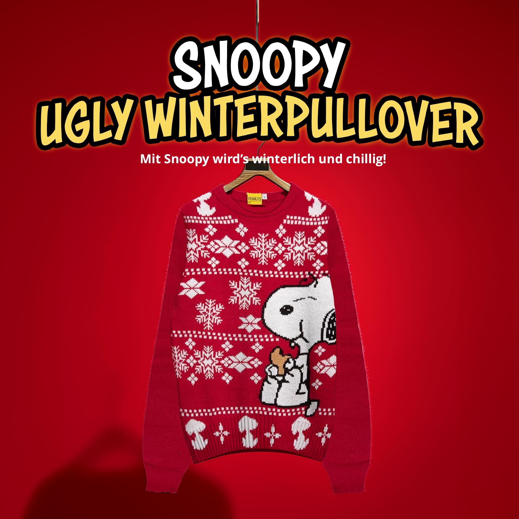 The Peanuts Jersey de Invierno Unisex – Snoopy Winter Strick Jersey Sudadera Ugly Sweater para Hombre y Mujer, Rojo