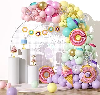 RUBFAC Sweet One Donut Birthday Party Decorations for Girls Pastel Balloon Garland Arch Kit Pink Sprinkles Confetti Ice Cream Foil Balloons with Banner Grow Up Baby Shower Two Sweet Party Supplies