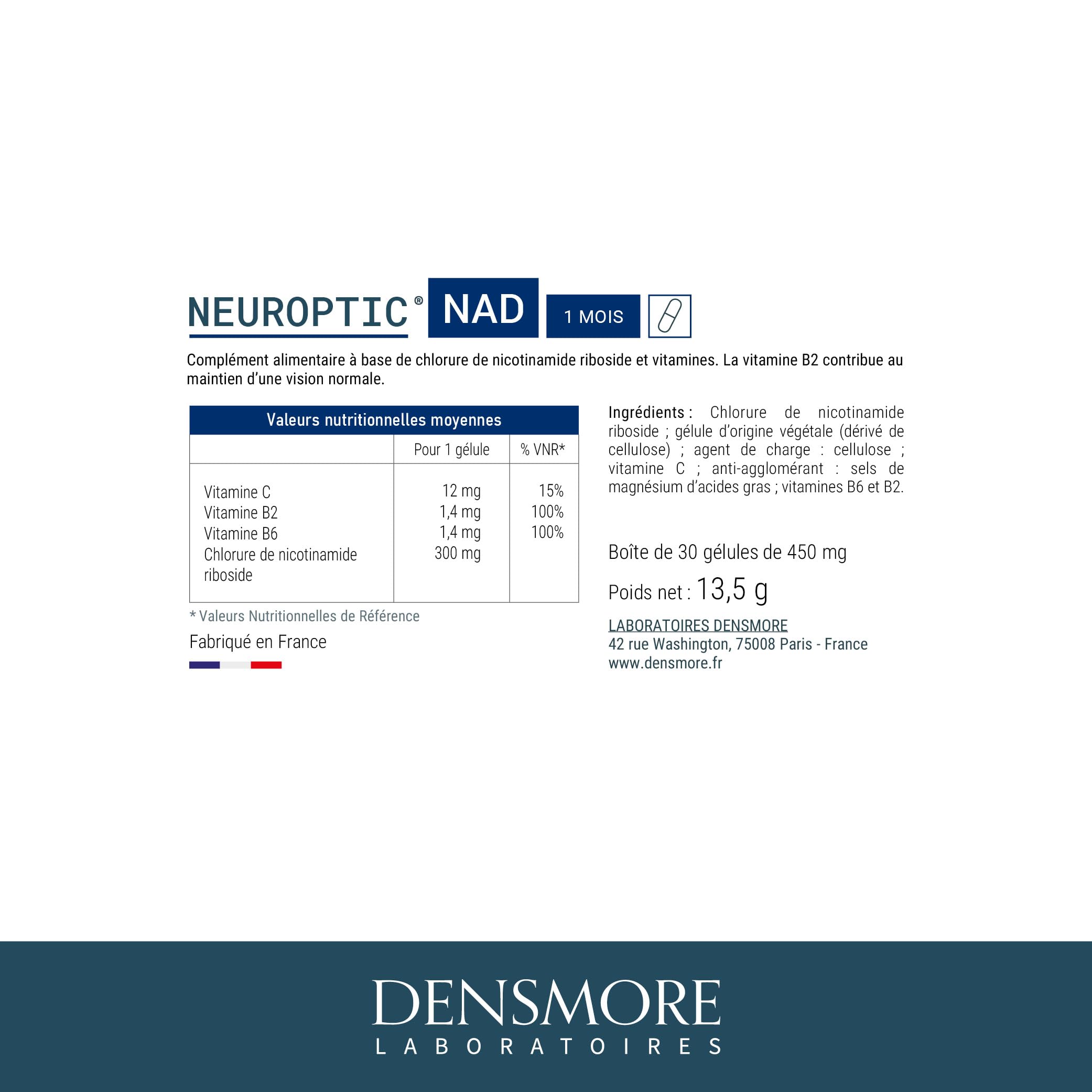 NEUROPTIC NAD - 300 mg Nicotinamide riboside - Rétablit le taux de NAD+ - Santé visuelle - Vitamines C, B2 et B6 - Complément alimentaire - 30 gélules - 1 mois