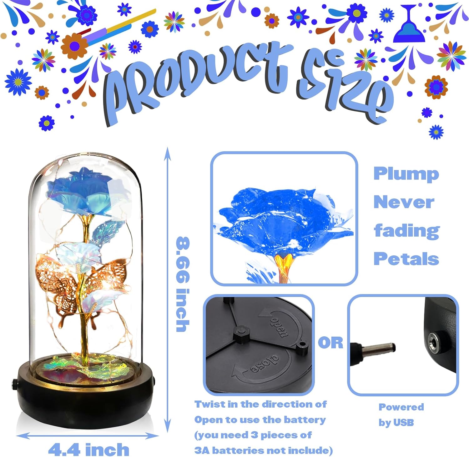 Birthday Rose Flower Gifts for Women, Mothers Day Glass Rose Gift for Mom from Daughter Son, Light Blue Rose in Glass Dome with Music Box, Light Up Rose in Dome for Her Wife Grandma