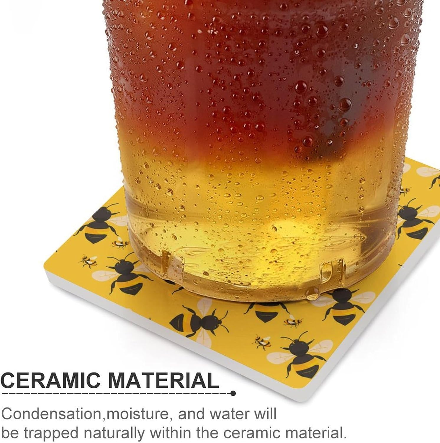Bumbleses Bee Coaster for Drinks Square Ceramic Table Coasters Stone Mat Crafts 4PCS Home Kitchen Decor