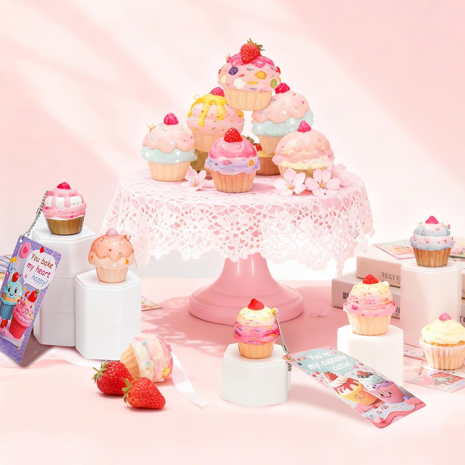 28 Valentines Day Cards with Cupcake Squishy Toys – Kids School Classroom Exchange Gift Set, Cute Stress Relief Squishies with Matching Cards, Fun Valentine Party Favors for Boys Girls