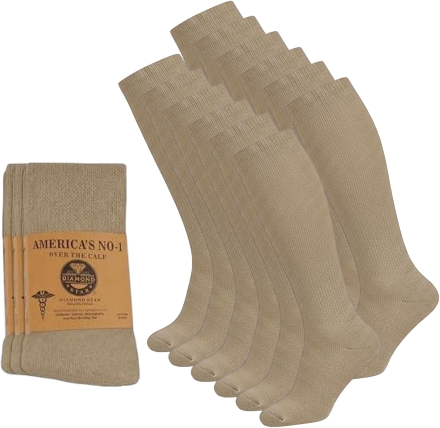 Diamond Star 12 Pairs Diabetic Knee High Socks for Men – Over the Calf Cotton Socks, Non-Binding Comfortable Fit – Men’s Shoe Size 12–14 (12 Pairs Khaki)