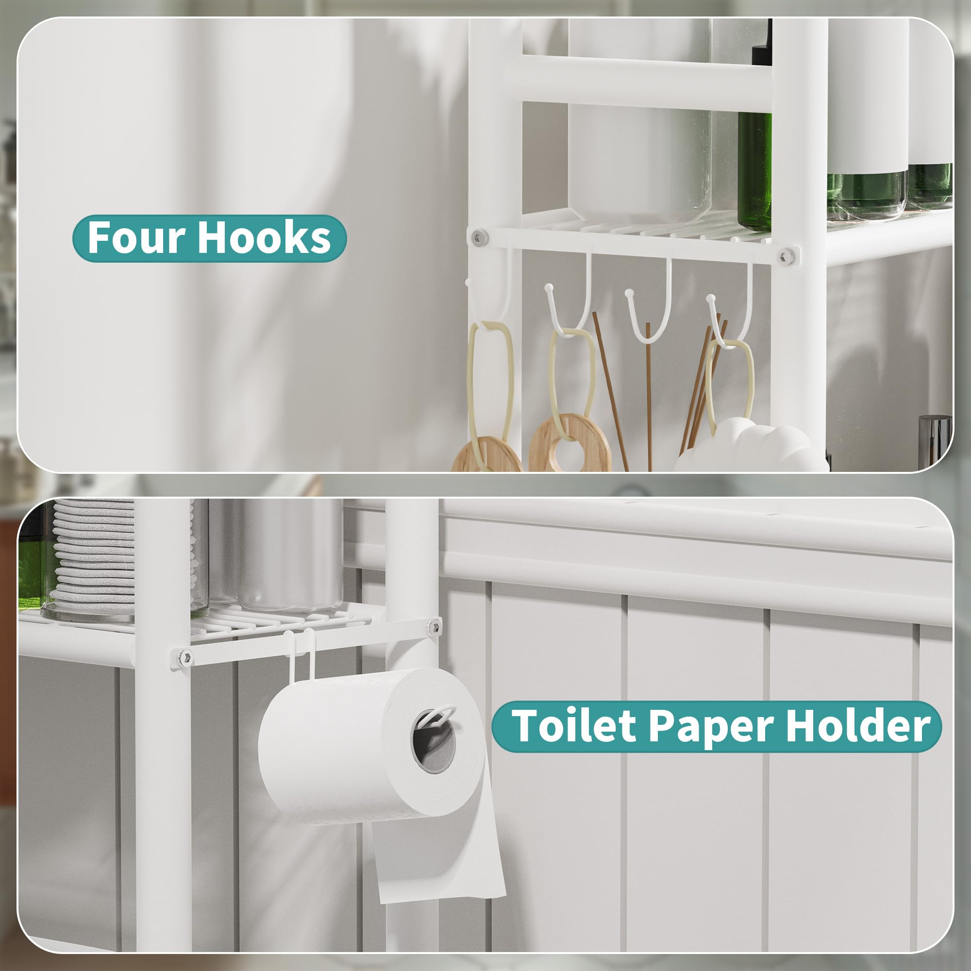 Almacenamiento de 3 niveles sobre el inodoro con soporte para papel, organizadores de baño de metal y almacenamiento para espacios pequeños, estantes de baño independientes con 4 ganchos 4