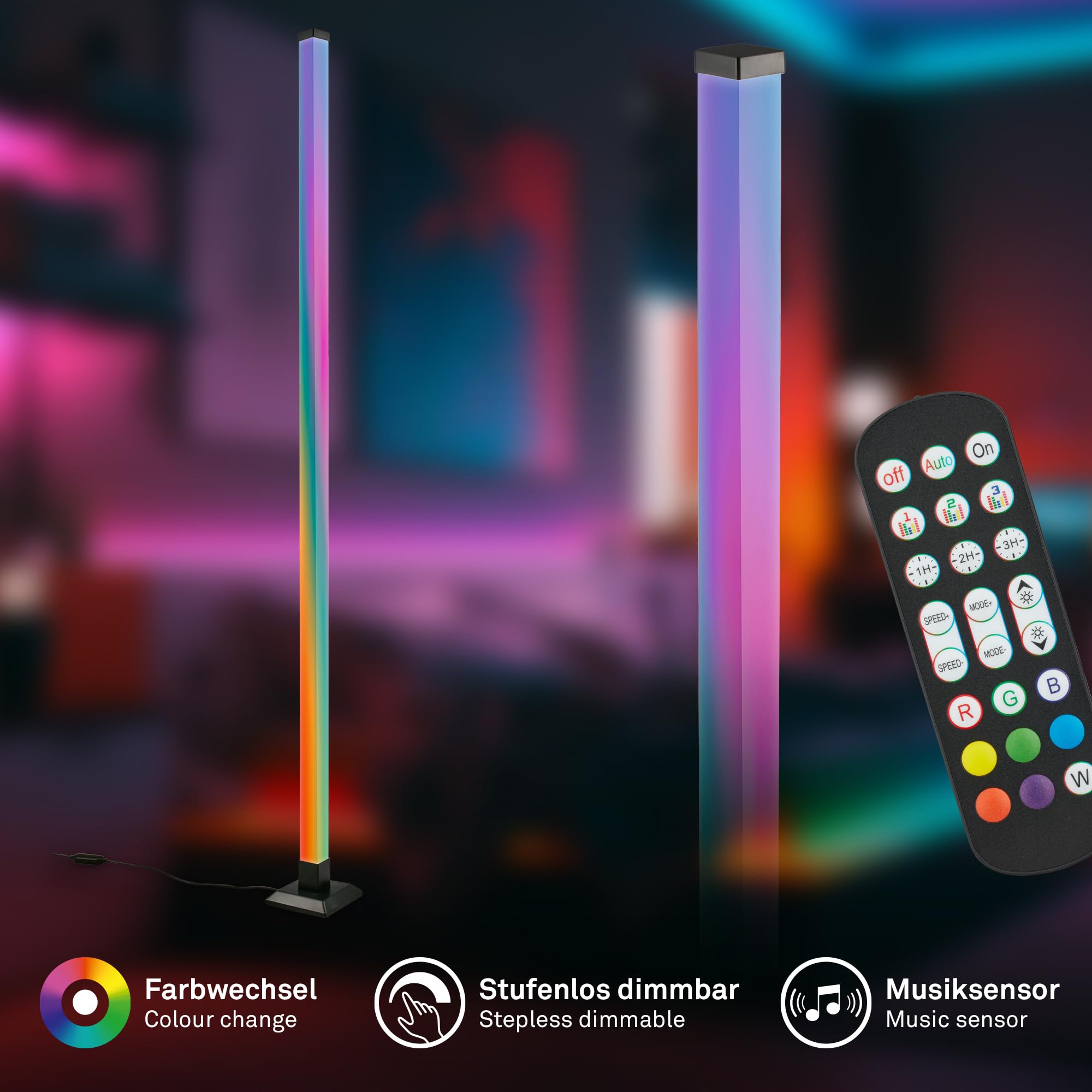 BRILONER - Lampara de pie LED con mando a distancia, regulable, función de música, lampara pie, 150x12,5x12,5 cm, negro