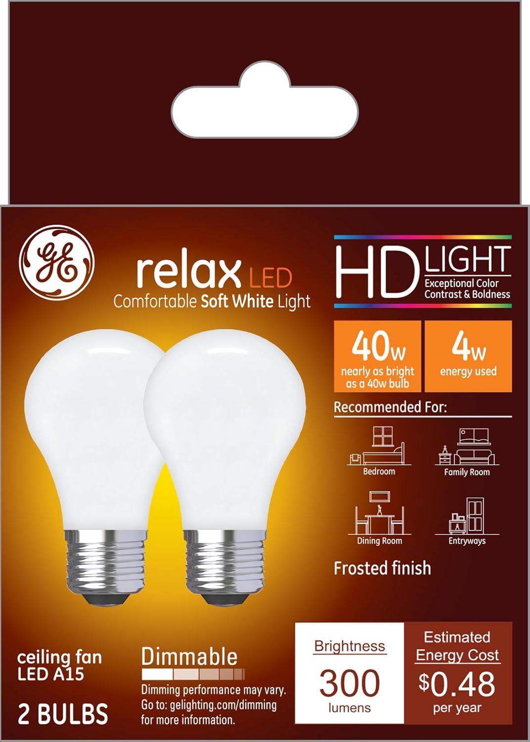 GE Lighting Relax HD Dimmable LED Light Bulbs, A15 Ceiling Fan Light Bulbs (40-Watt Replacement LED Light Bulbs), 300 Lumens, Medium Base Light Bulbs, Soft White, 2-Pack LED Bulbs (37751)