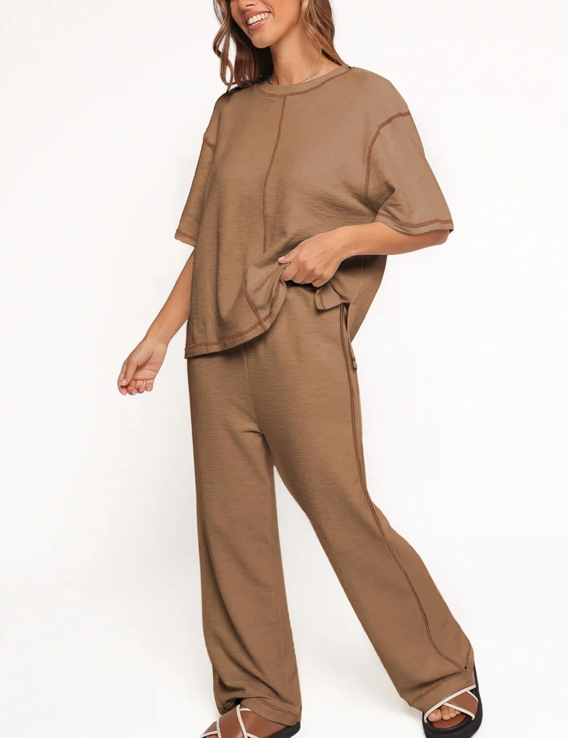 LTSCNRM Women‘s 2 Piece Sweater Set Short Sleeve Pullover Top Elastic Waist Straight Leg Pants with Pocket Knit Lounge Set - Image 3