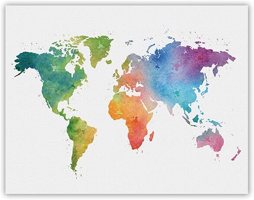 World Map Multi Color Watercolor Print - Great Room and Office Decor, Travel Themed Party Decorations, Modern Map Colorful Gift for Travelers,