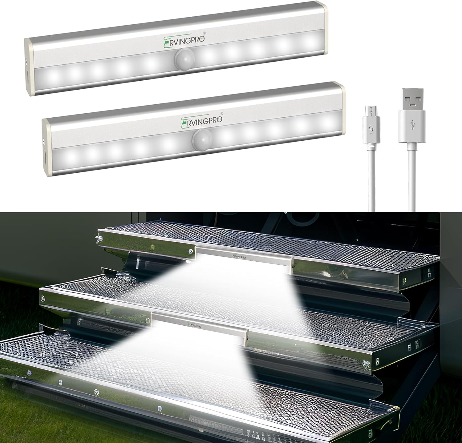 RVINGPRO 2 Pack Motion Activated RV Step Lights, 10 LED USB