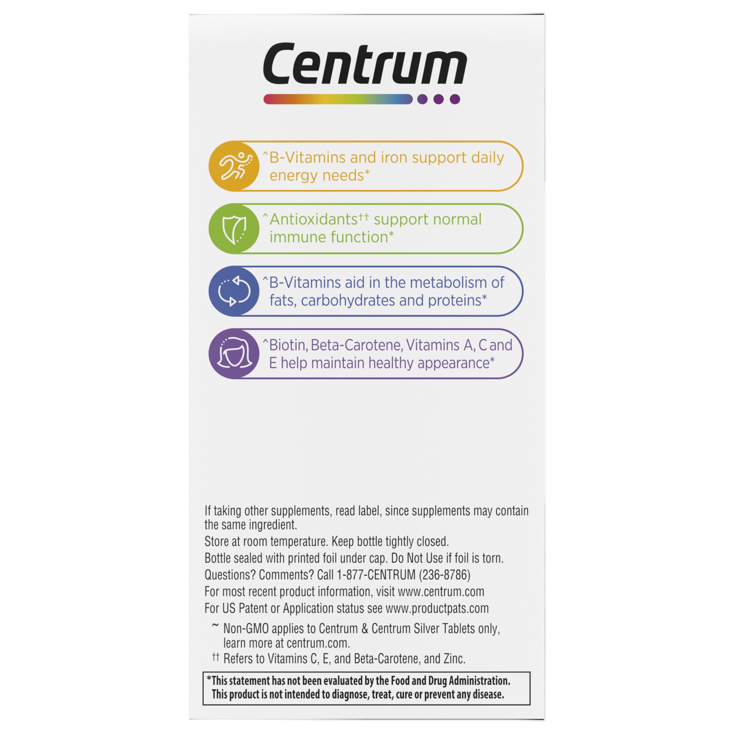 Centrum Multivitamin for Women, Multivitamin/Multimineral Supplement with Iron, Vitamin D3, B Vitamins and Antioxidant Vitamins C and E, Gluten Free, Non-GMO Ingredients - 65 Count