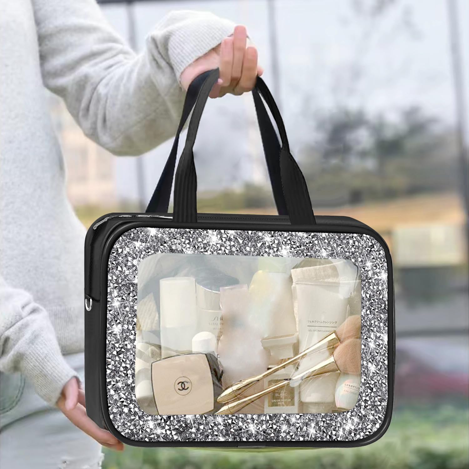 Meetart Trousse de toilette de voyage en cuir avec strass écrasés, Noir diamant, Tendance