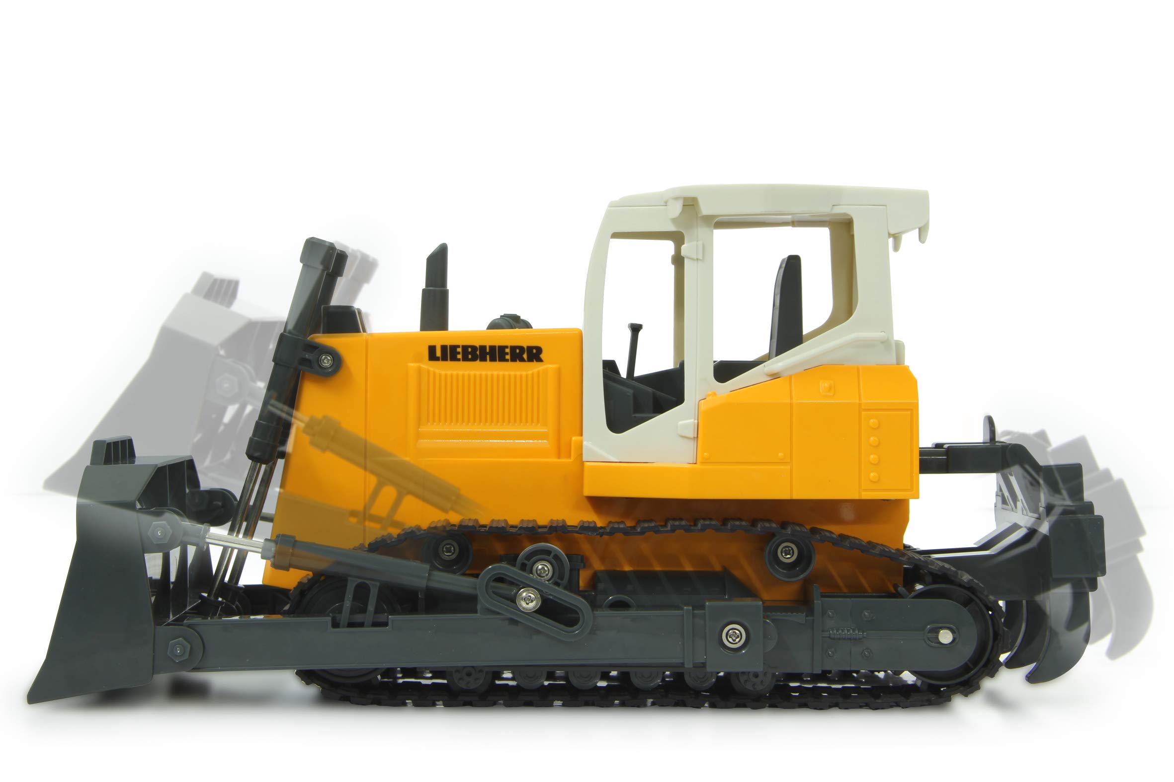 JAMARA 405057 - Planierraupe Liebherr 1:20 2,4GHz - programmierbare Funktionen, Realistischer Motorsound (abschaltbar), Schaufel Heben/senken/abkippen, Vertikutierer hoch/runter (manuell) Gelb