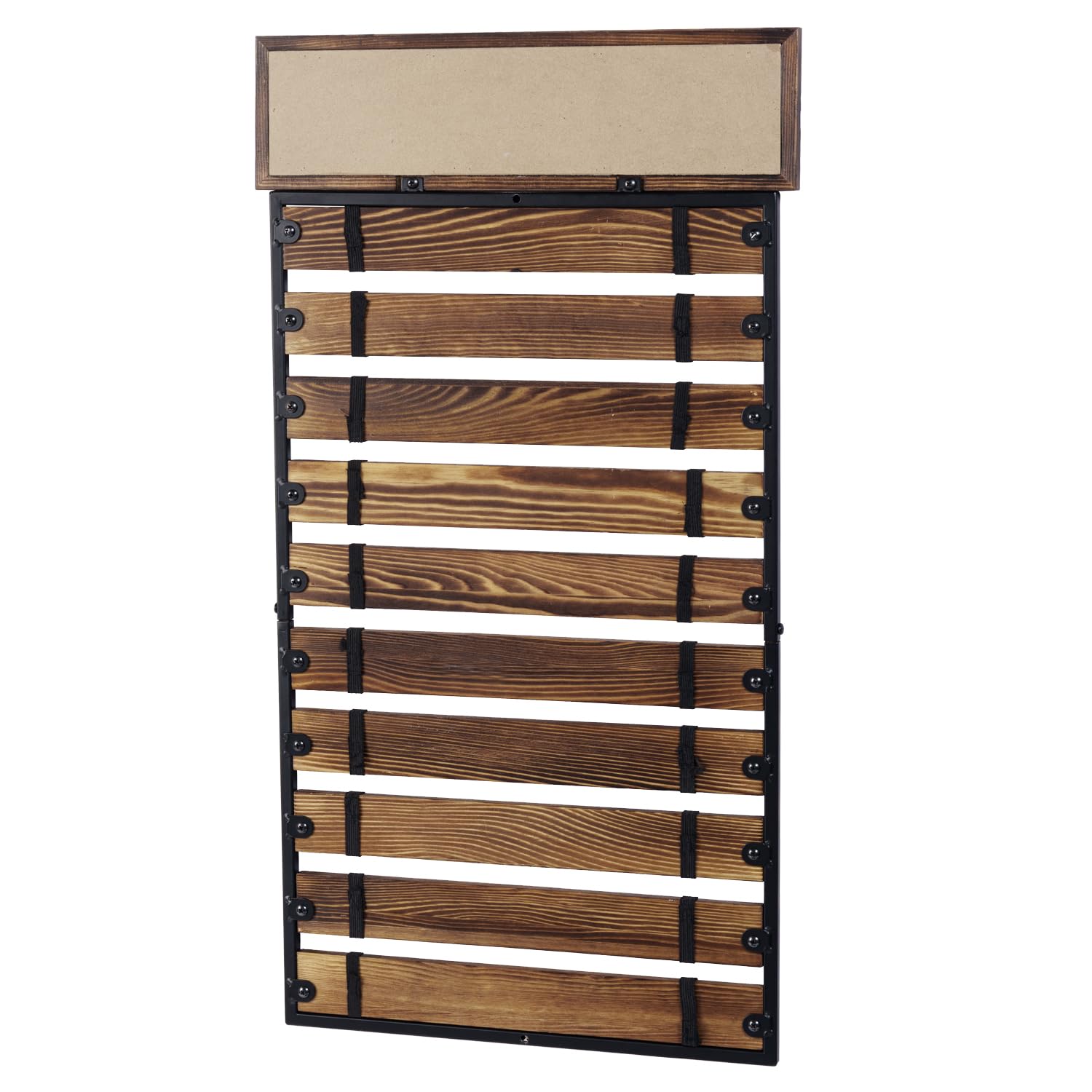 MyGift Wall Mounted Rustic Burnt Wood and Matte Black Metal Martial Arts Belt Display Rack with Erasable Chalkboard Panel, Holds Up to 10 Ranking Belts