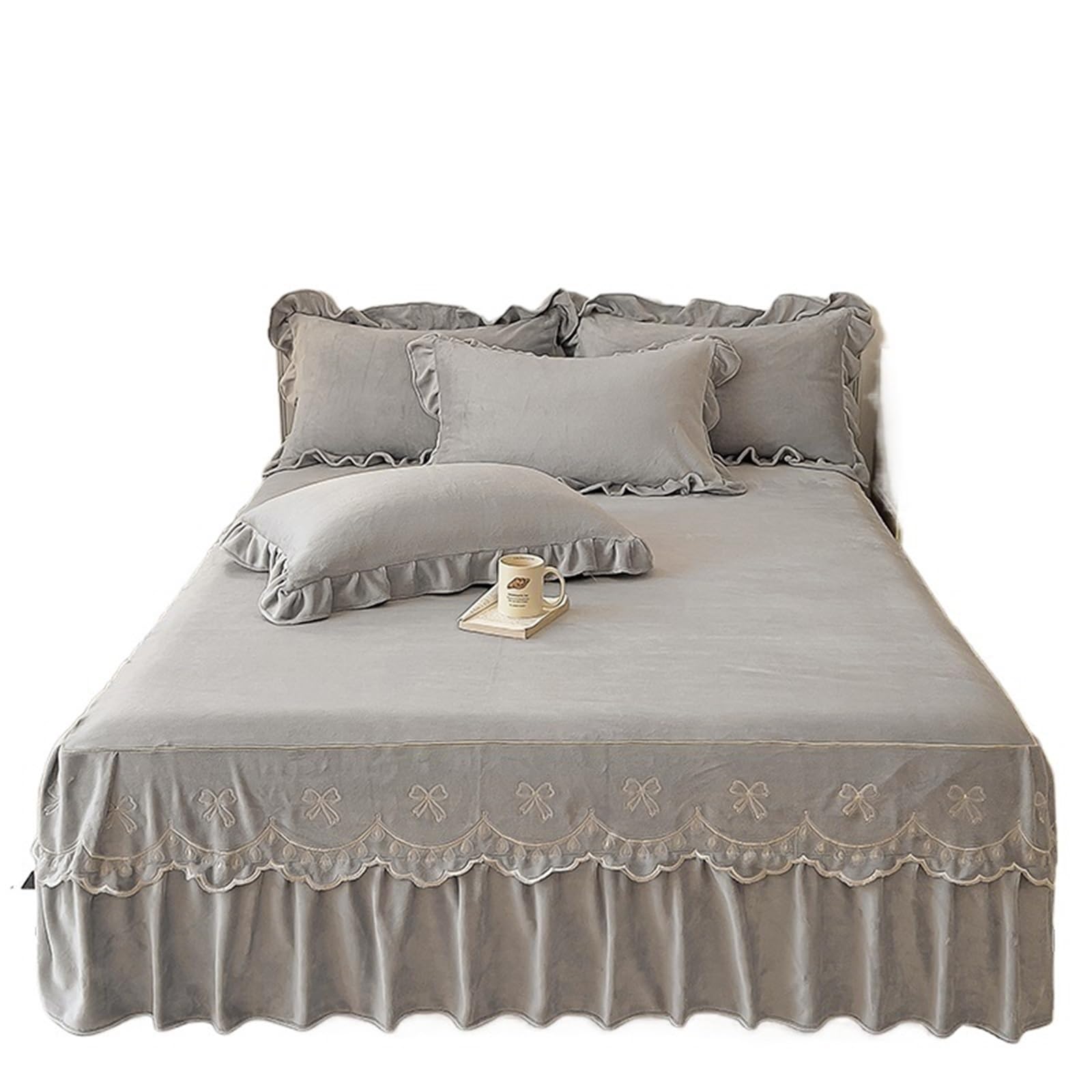 Jupe de lit pour cacher le sommier 120x200 en tissu épais gris brodé