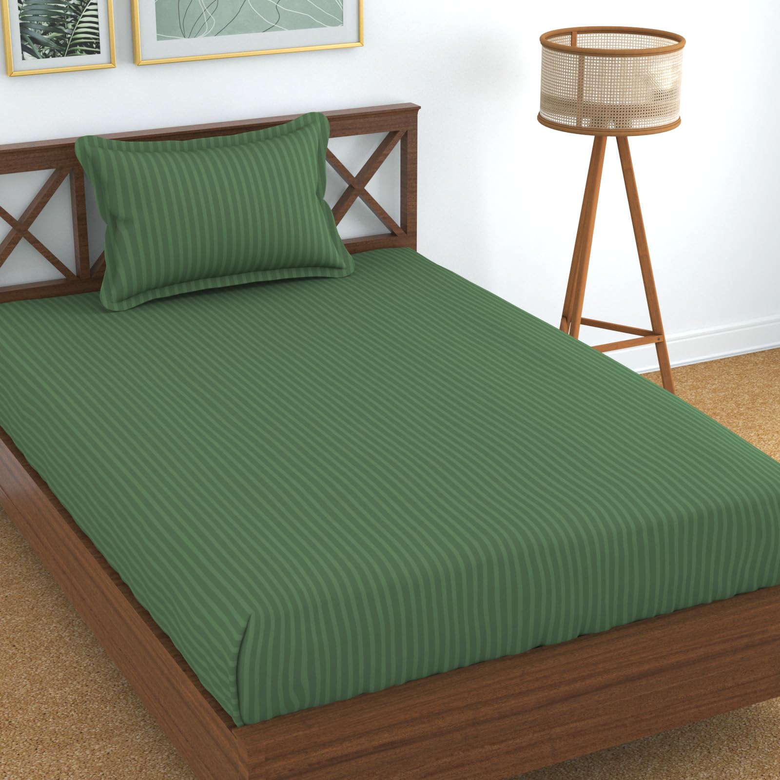Homefab India 160 TC Stripe Glace Cotton Single BedSheet with 1 Pillow Cover - Dark Green