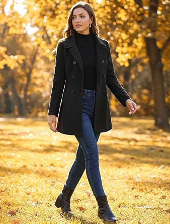 Allegra K Women's Peter Pan Collar Double Breasted Winter Trench Pea Coat
