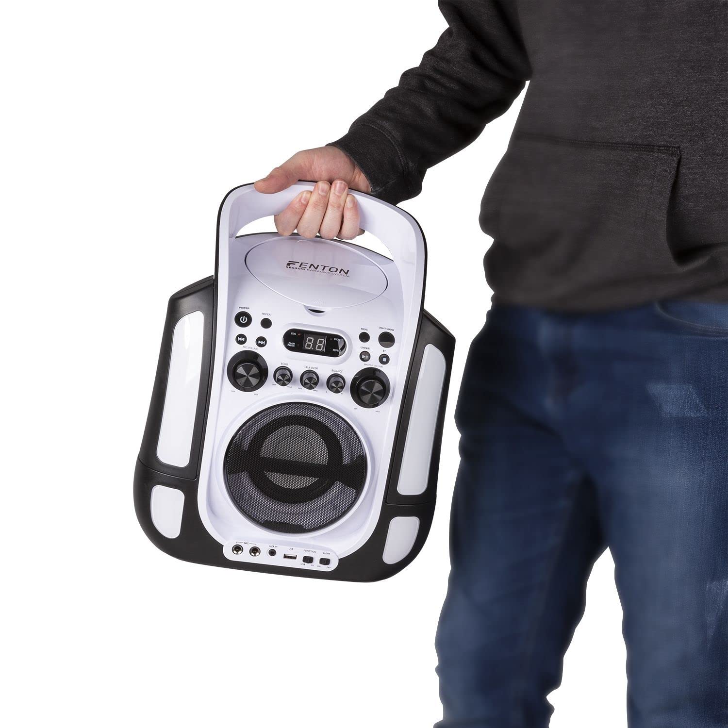 Fenton SBS30W – Altavoz karaoke bluetooth con lector CD+G, USB, 2 micrófonos con cable, salida video RCA, altavoz portátil con luces LED, karaoke machine con AUX y reproducción MP3, color blanco