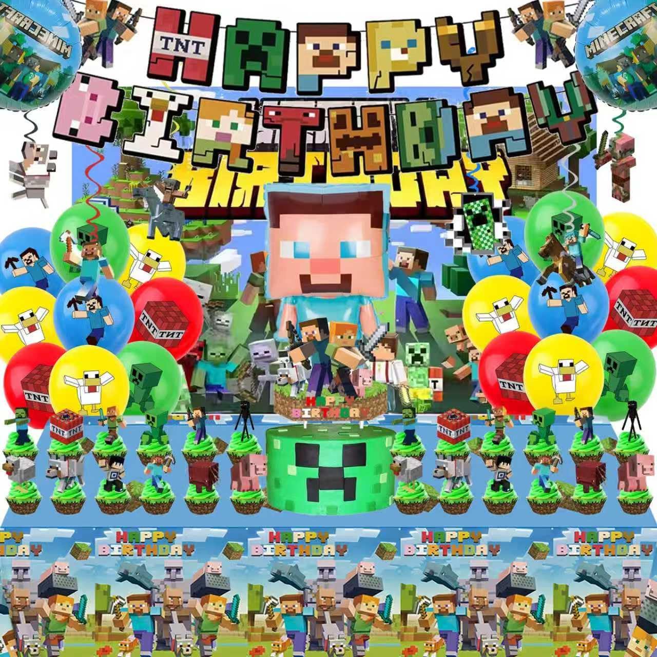 For Pixel Party Supplies, 55 PCS Birthday Decorations Set Include Banner, Balloons,, Hanging Swirls, Cake Cupcake Toppers, Tablecloth for Boys Girls Pixel Theme Party