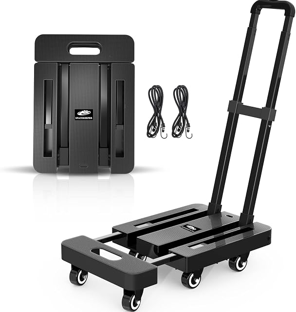 SPACEKEEPER Folding Hand Truck, 227KGS Heavy Duty Platform Truck Utility Cart with 6 Wheels & 2 Elastic Ropes for Luggage, Travel, Auto, Shopping, Moving and Office, Black