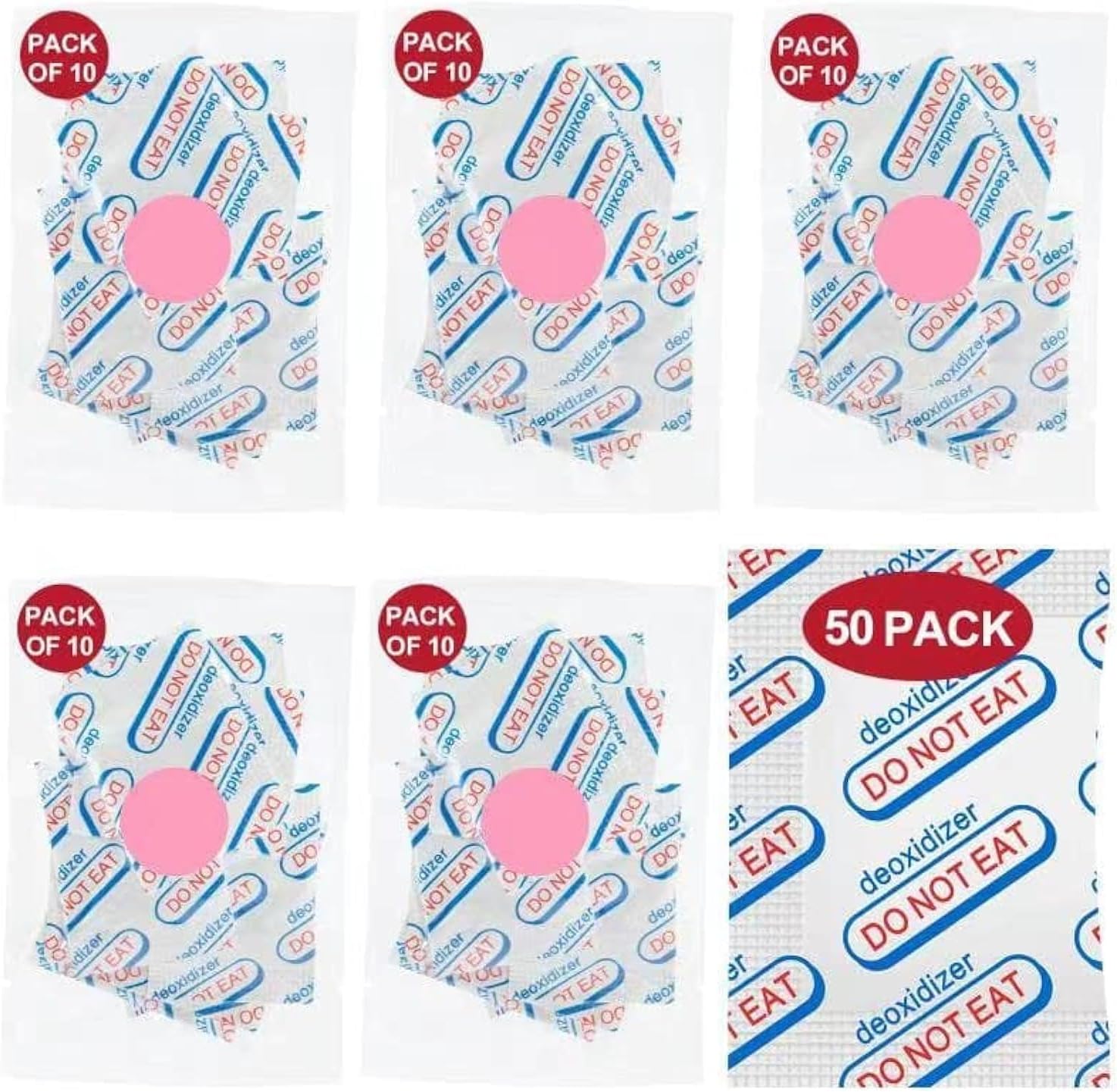 50 Packs 500CC Food Grade Oxygen Absorbers ๏ผ10 Packs in Individual Vacuum Bag, 5x Packs of 10), Oxygen Absorbers For Long Term Food Storage, with Oxygen Indicator, for Mylar Bags, Mason Jars
