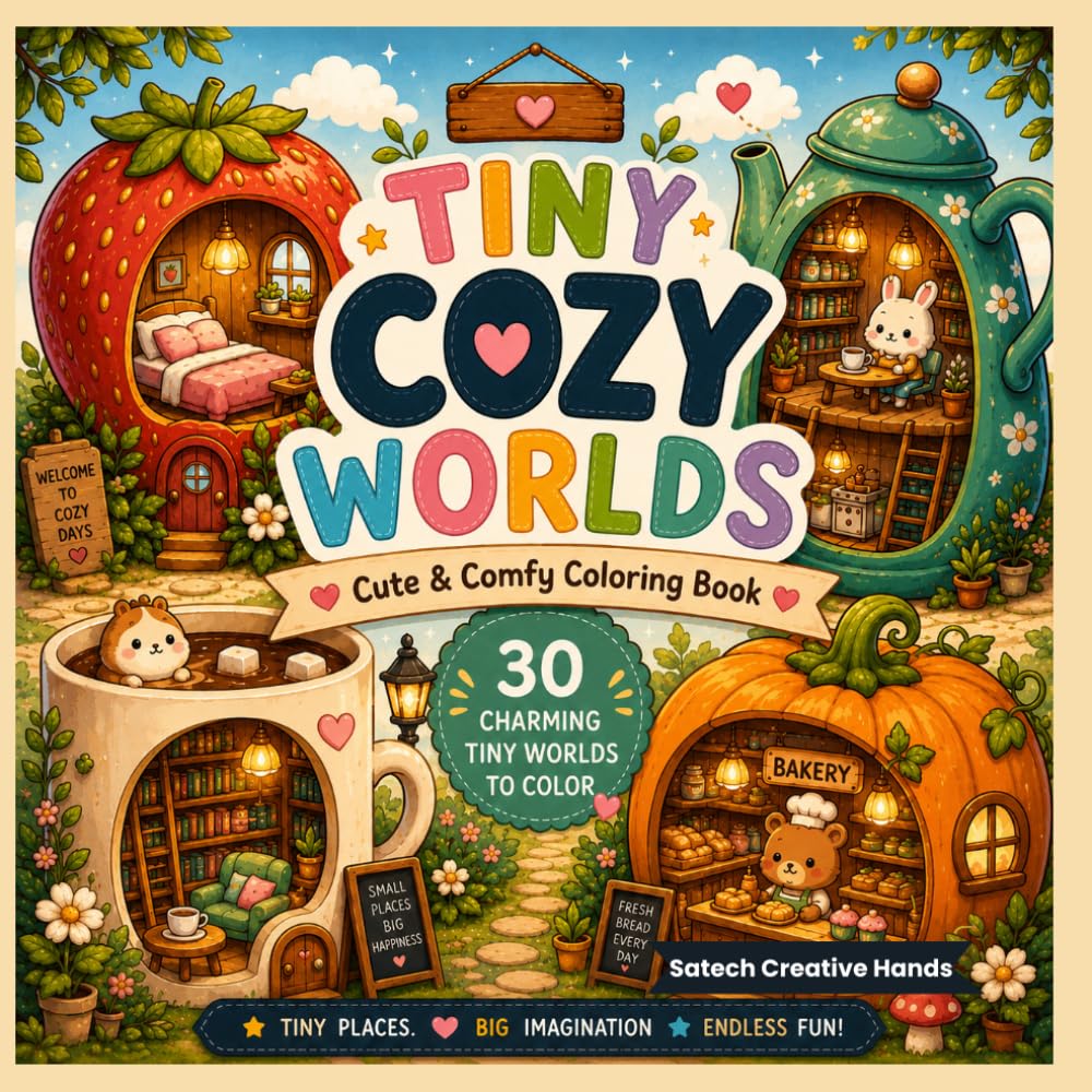 Tiny Cozy Worlds Coloring Book: 30 Cute and Comfy Miniature Worlds to Color