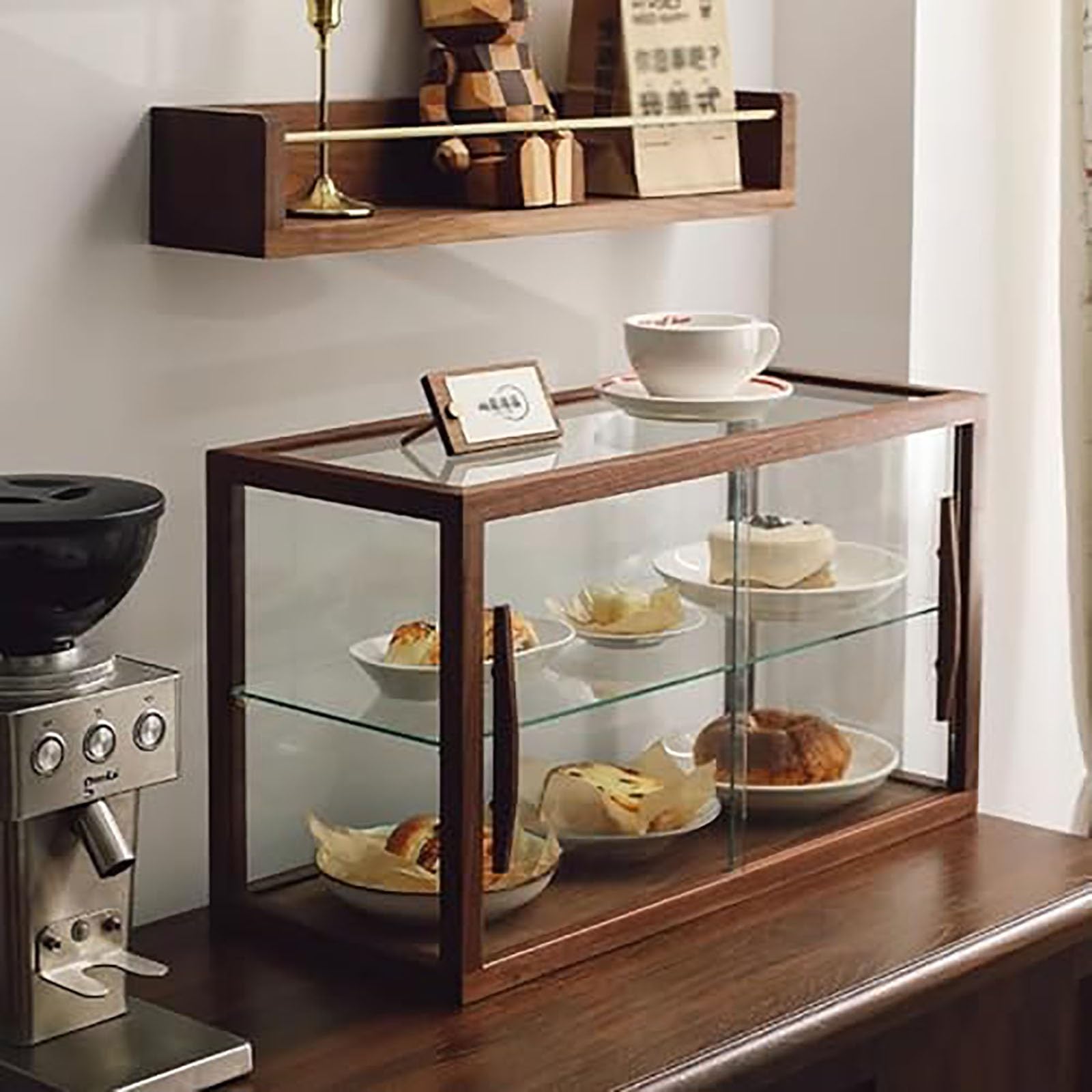 Vetrina espositiva per pane trasparente regolabile, vetrina espositiva da banco in legno con ante in vetro, vetrina espositiva per pasticceria in legno, adatta per panetterie e bar.(A,Single-Layer)
