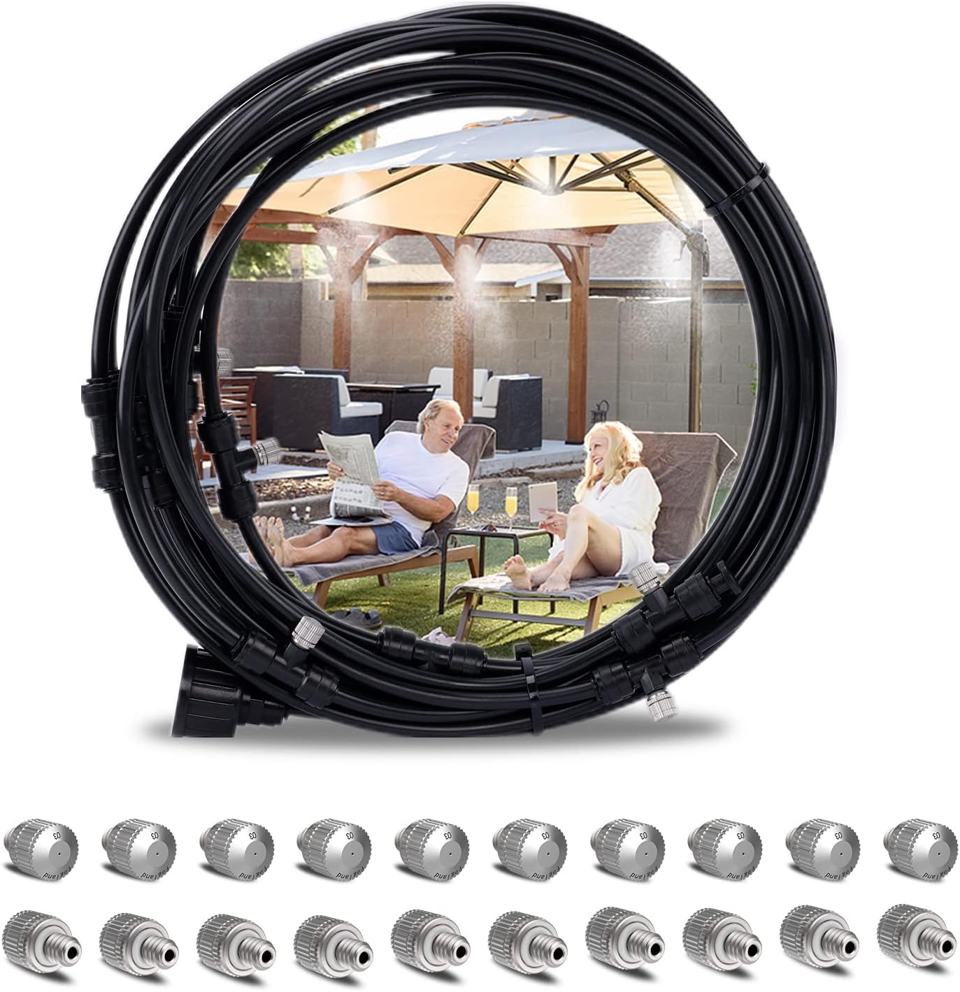 Fogland 32FT Misting Cooling System 10PCS Stainless Steel Misting Nozzles with 20PCS Tap Water Pressure Misting Nozzles Outdoor Cooling System for Garden Terrace Trampoline