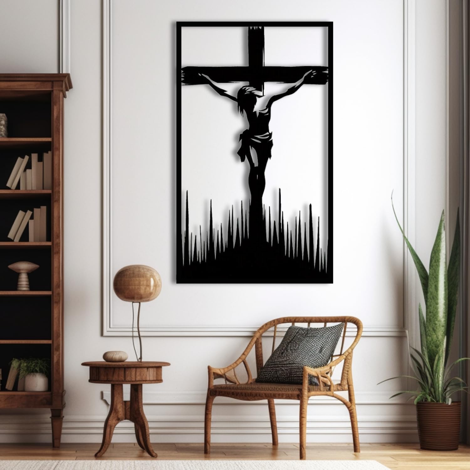 Nowoczesna minimalistyczna sztuka metalowa dekoracja ścienna krzyż Jezus krzyże religijne kościół dom fice chrzest czarny (71 cm x 104.1 cm / 71 104 cm)