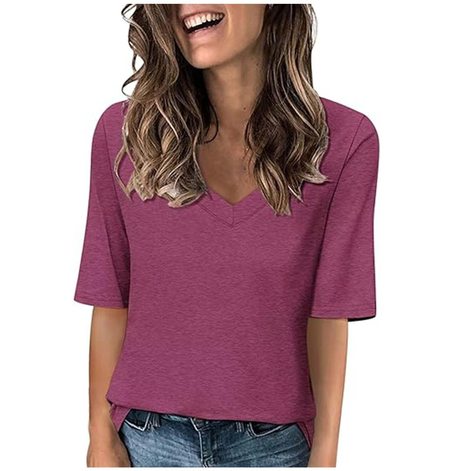 HAOLEI Camisetas Mujer Verano 2024,Casual Camiseta Mujer Media Manga Camiseta Blanca Mujer Camisa Mujer de Cuello en Pico Moda Color Sólido T-Shirt Informal Corte Suelto Multicolor Camiseta