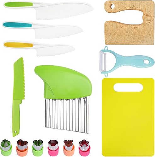 14 cuchillos de cocina de madera para niños, juego de 4 cuchillos de plástico con bordes dentados, cuchillo para niños pequeños, cortador arrugado,