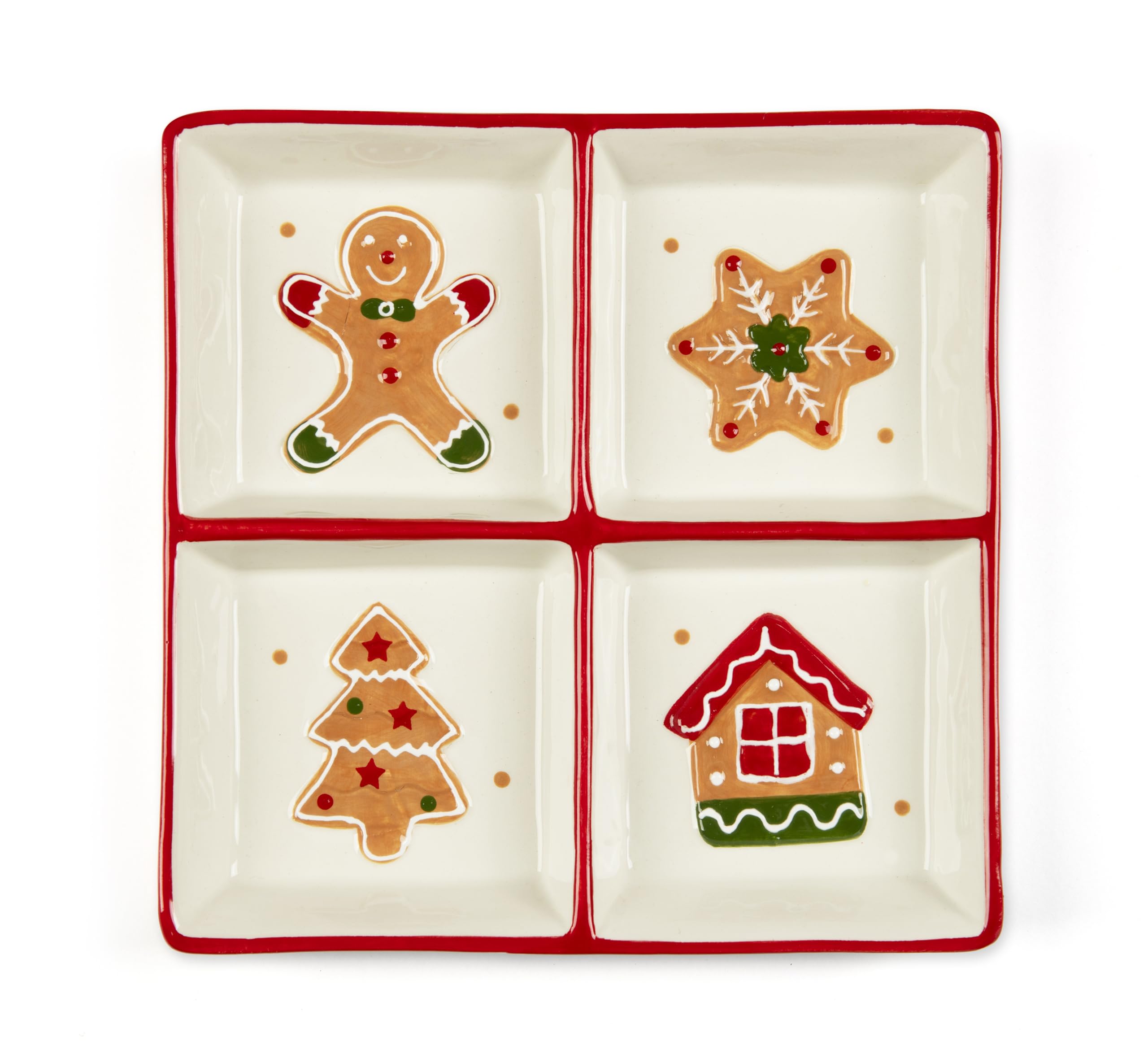 Excelsa Wonderful Ginger Assiette de Noël en céramique 4 compartiments, décoration pain d'épice 20 x 20 cm