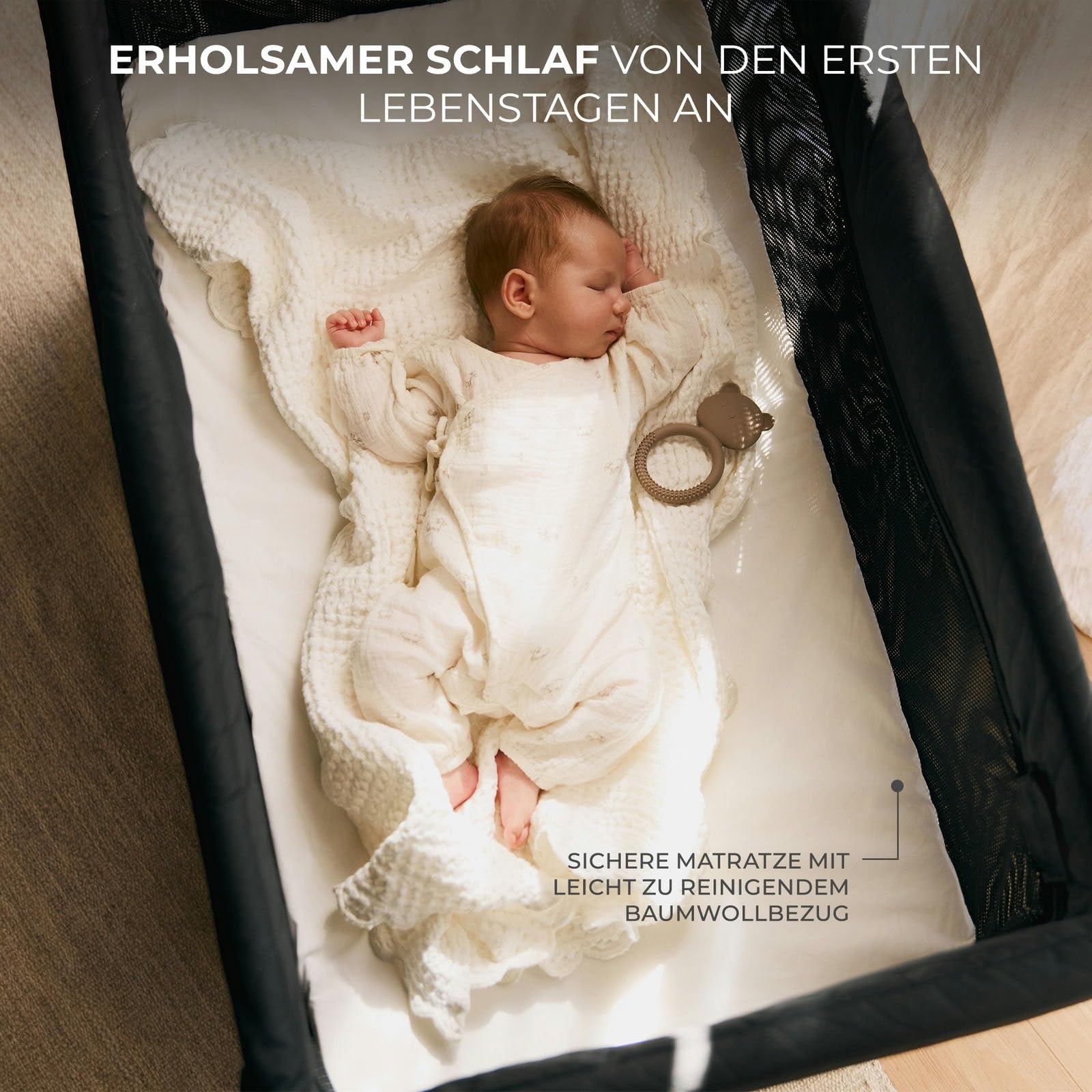 Kinderkraft Moon Dream Reisebett von der Geburt bis 3 Jahre, Zweistöckiges Babybett, mit einem Handgriff zusammenklappen, Matratze Tragetasche inklusive, Schnelle Reinigung, Schwarz