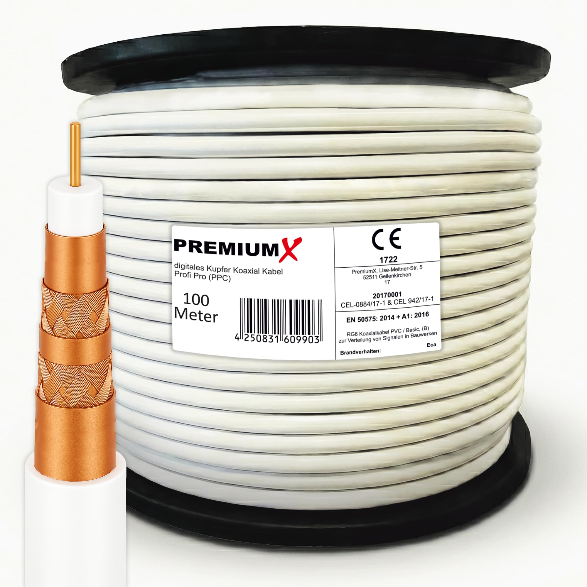 Premium X PROFI PRO PPC Koaxialkabel 100m – 5-fach geschirmt, 135 dB, Voll-Kupfer Sat Kabel, Antennenkabel Class A, für DVB-S/S2, DVB-C, DVB-T, BK Anlagen, Full HD UHD 4K