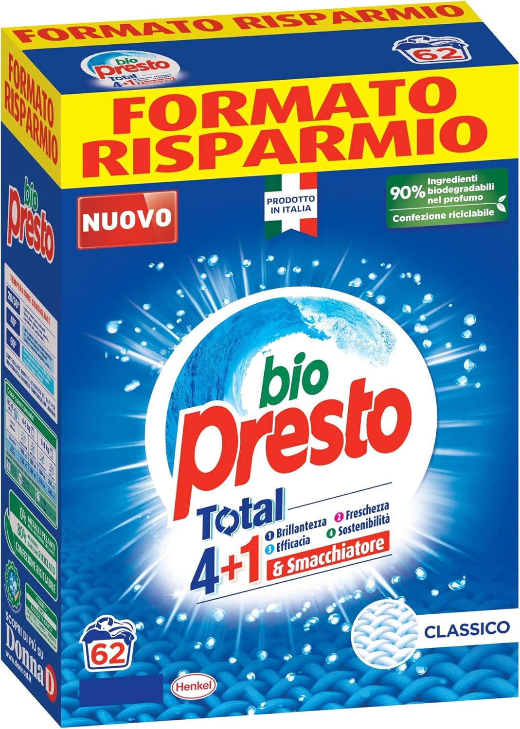 Detersivo Bio Presto Detersivo Polvere Classico - Detergente en polvo elimina las manchas rápidamente, proporciona una frescura duradera, 62 lavados, 3100 g + llavero Beni Culinari gratuito