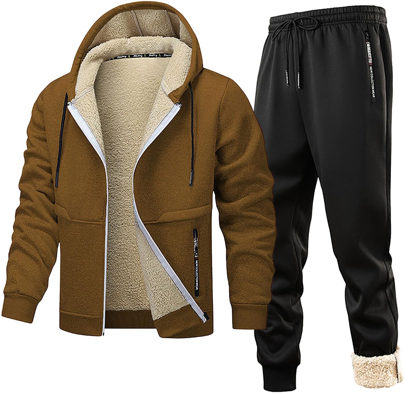 Mens Winter Tracksuit 2 Piece Set Full Zip Up Hoodie Warm Sherpa Lined Sweatshirt and Sweatpants Sets Fleece Loungewear