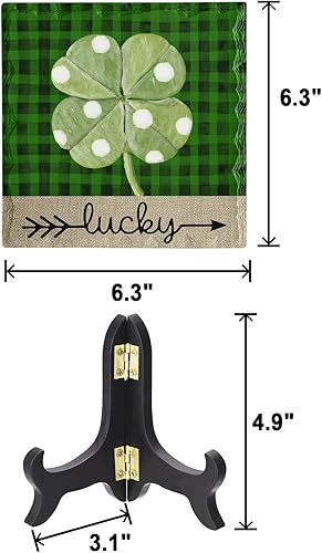 Miniatura 2 de Placa de cerámica del día de San Patricio con soporte de madera trébol punteado placas decorativas de mesa de la suerte letrero de decoración de